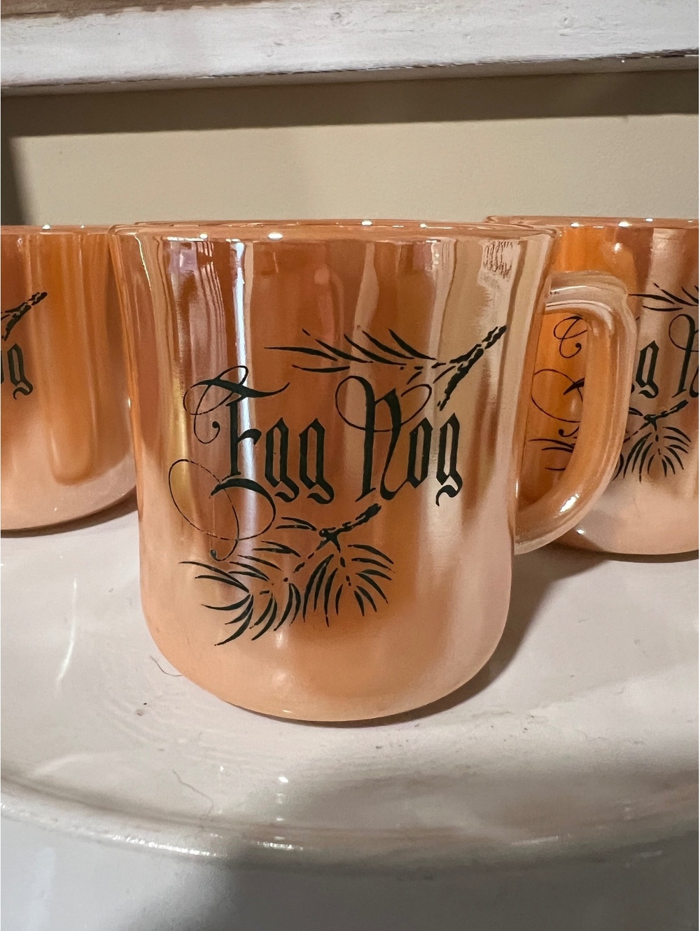 Vintage Fire King Set of 4 Egg Nog Christmas Glass Mugs Metallic Peach